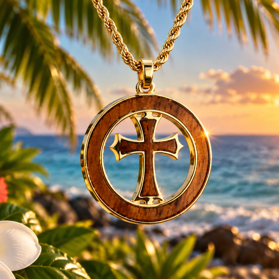 A gold-toned cross pendant necklace with a wooden inlay is shown against a tropical beach sunset background with palm trees, ocean water, and flowers in the foreground.
