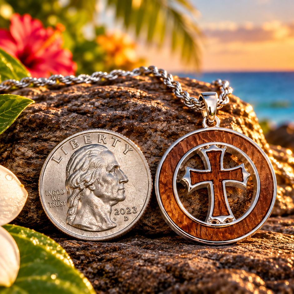 A silver pendant necklace with a circular wooden and silver cross design, displayed next to a US quarter coin on a rock with tropical flowers and a beach sunset background.