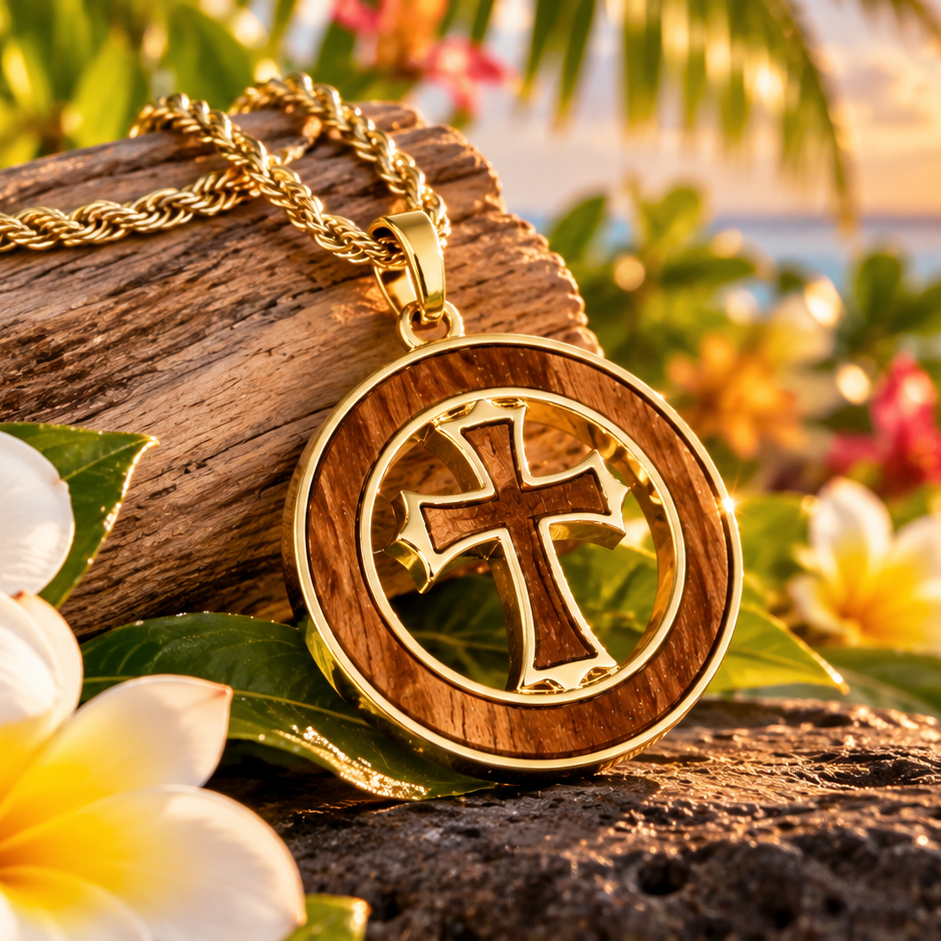 A gold and wood pendant necklace with a cross design, displayed on a log with tropical flowers and a blurred beach sunset background.
