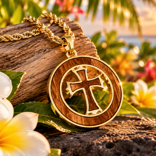 A gold and wood pendant necklace with a cross design, displayed on a log with tropical flowers and a blurred beach sunset background.