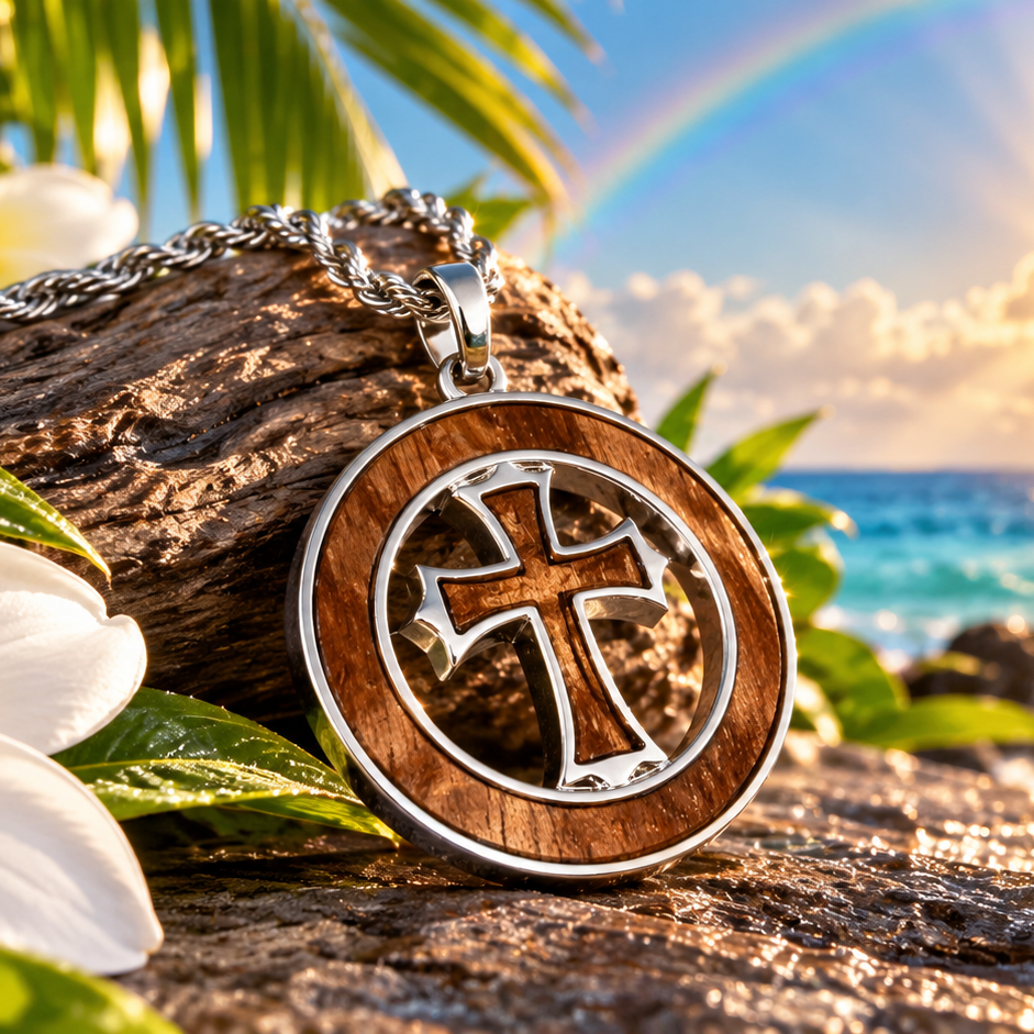 A round pendant necklace with a silver-toned cross over a brown wood-grain background, displayed on a log with tropical flowers and a beach sunset backdrop.