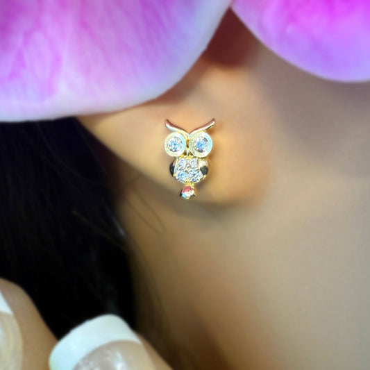 14K Gold Pueo Owl CZ Earrings w/Keepsake