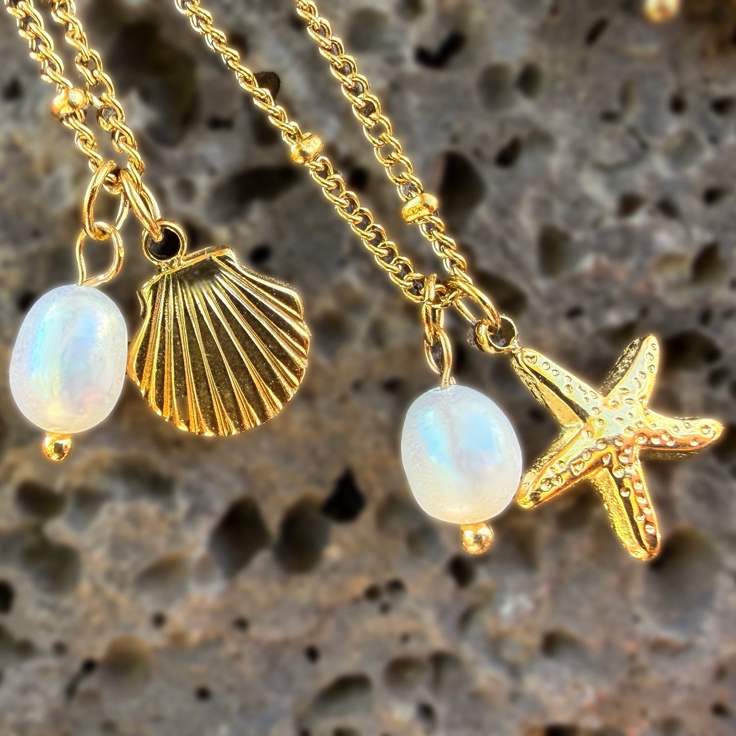 Set of 2 Kahakai Pearl Sea Charm & Shell Necklaces