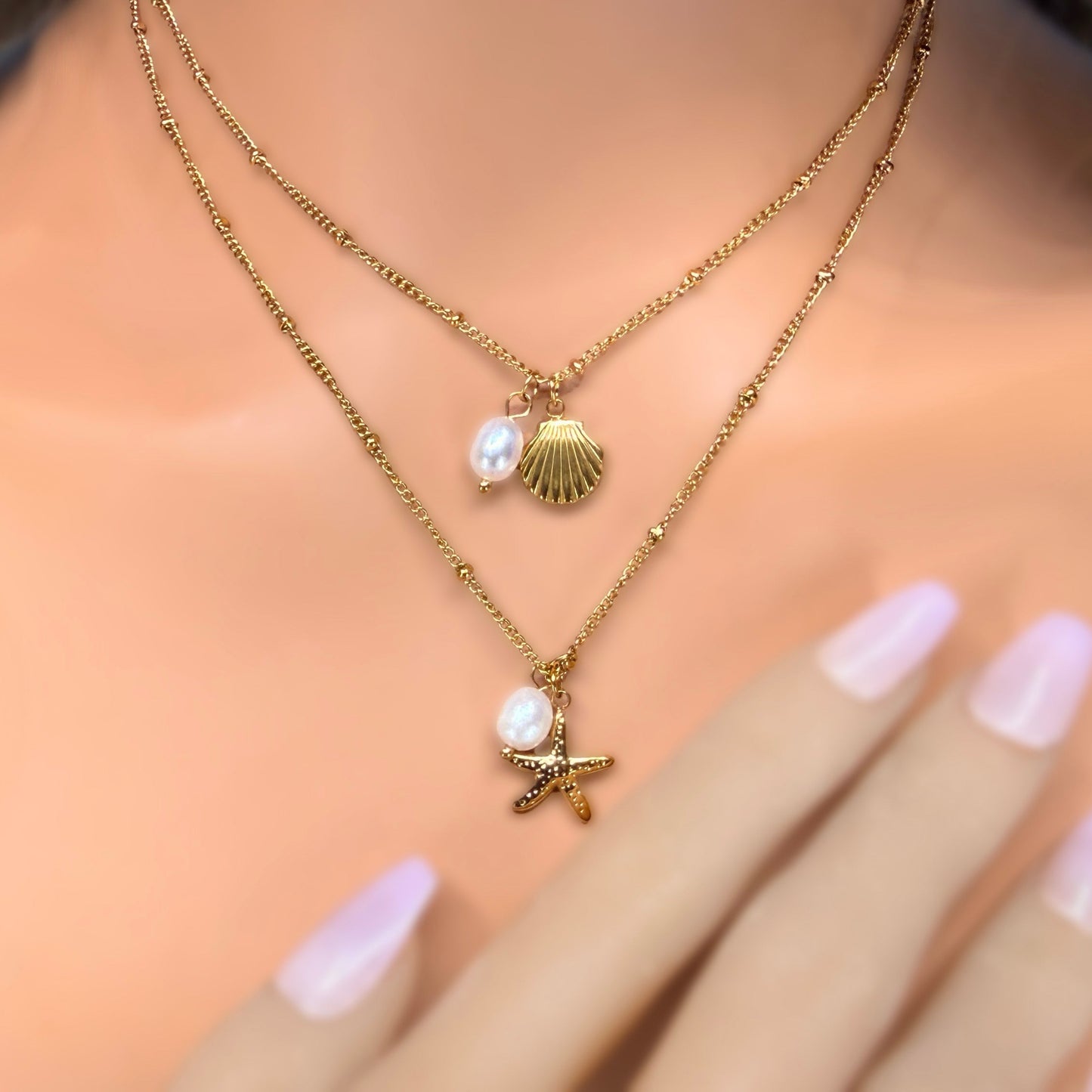Set of 2 Kahakai Pearl Sea Charm & Shell Necklaces