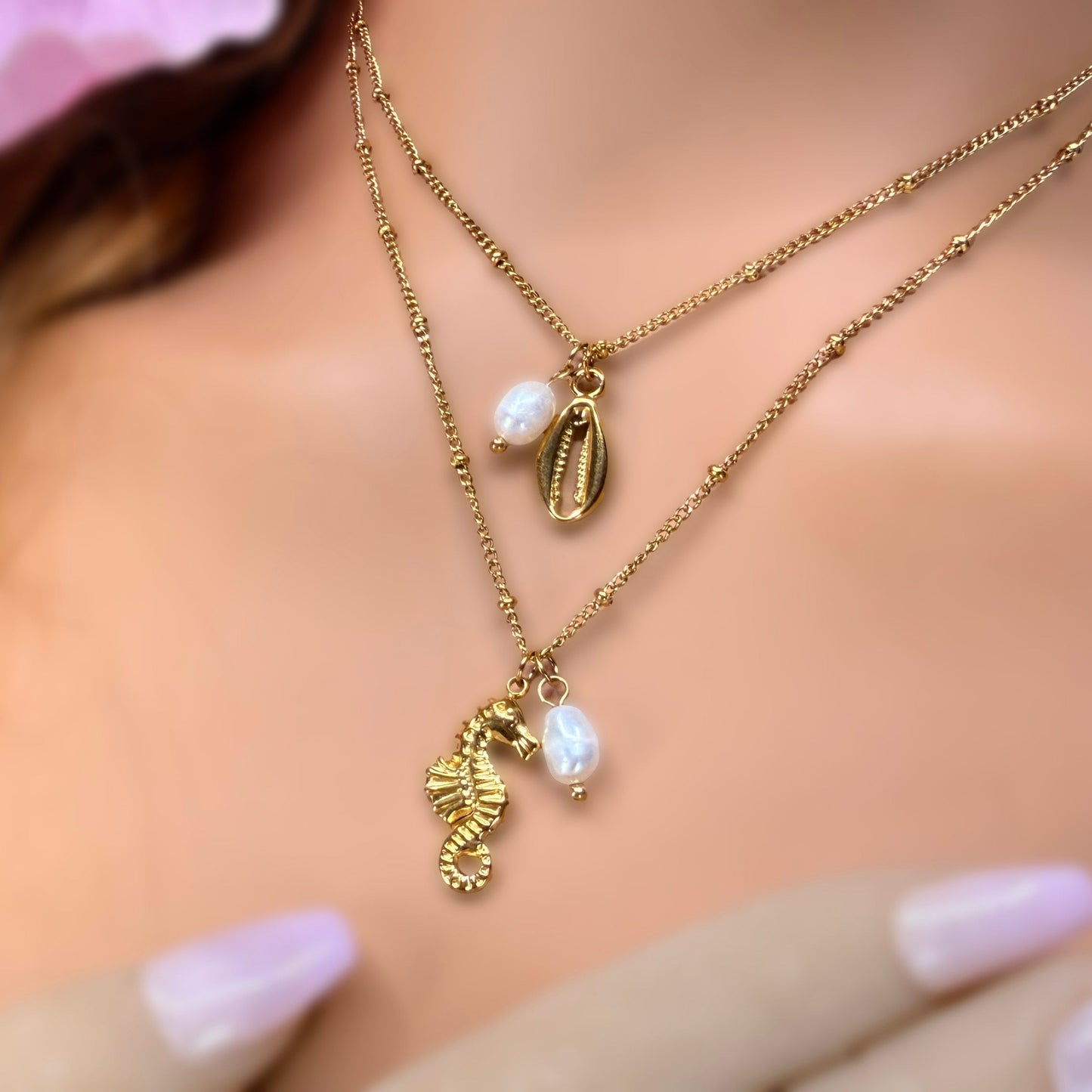 Set of 2 Kahakai Pearl Sea Charm & Shell Necklaces