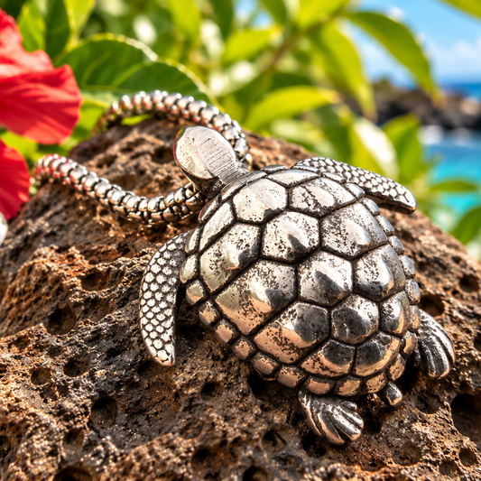 A silver-toned turtle pendant or keychain charm with a textured shell and beaded chain, resting on a dark rock with tropical flowers and a beach background.