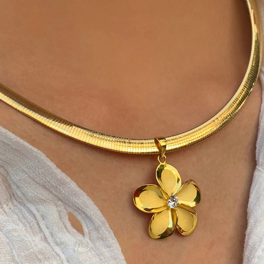 Plumeria CZ Pendant with 5MM Omega Chain on model.
