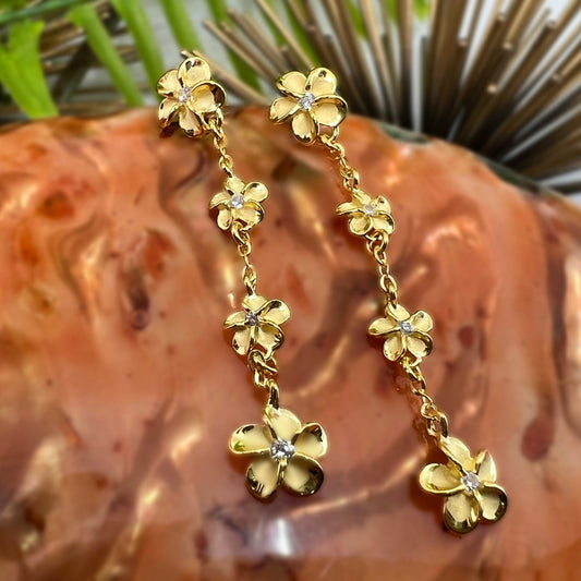 Four Plumeria CZ Waterfall Dangle Earrings
