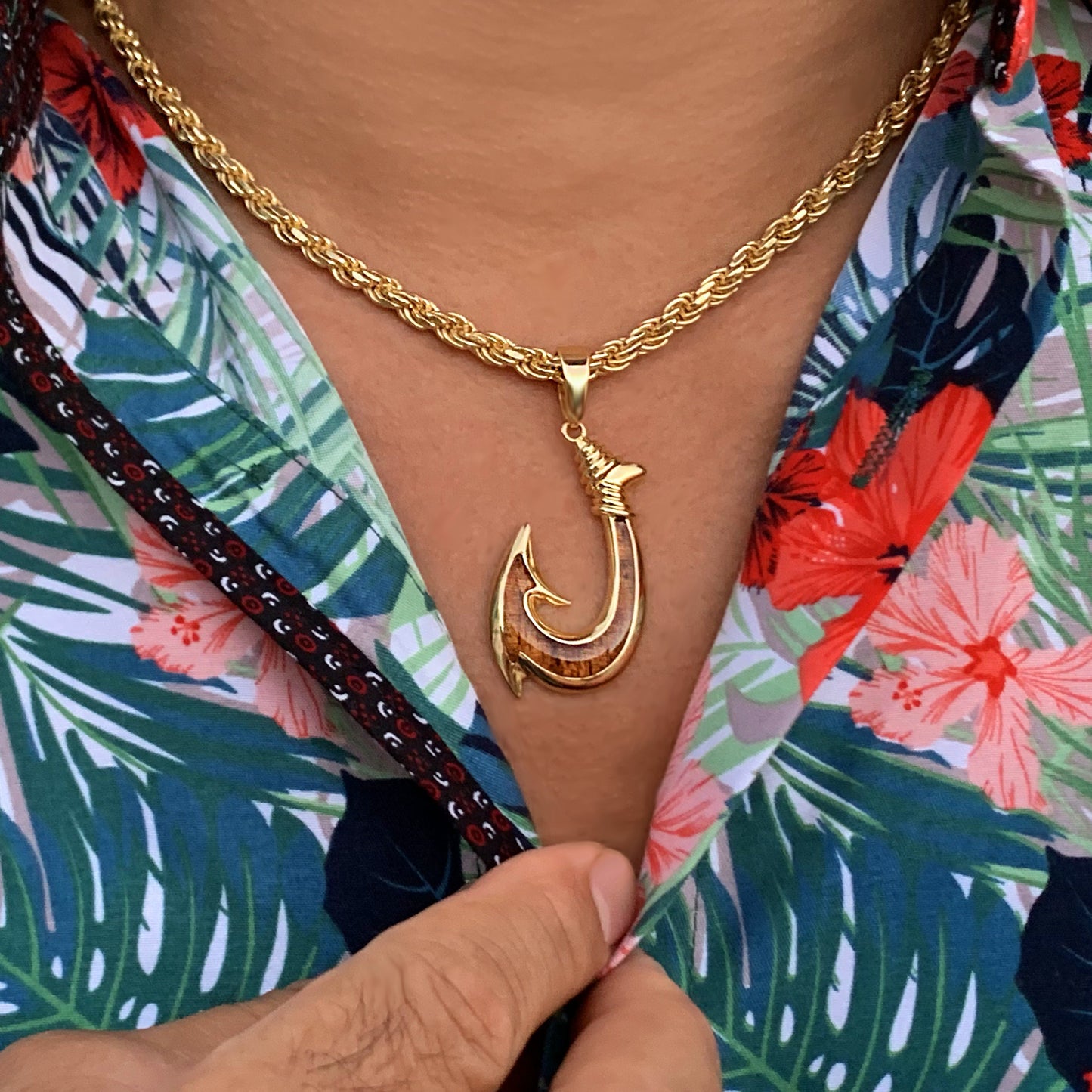 Koa Fish Hook with Diamond Cut 5mm Rope Chain 5mm / 22 inch / Gold Plated Over .925 Sterling Silver