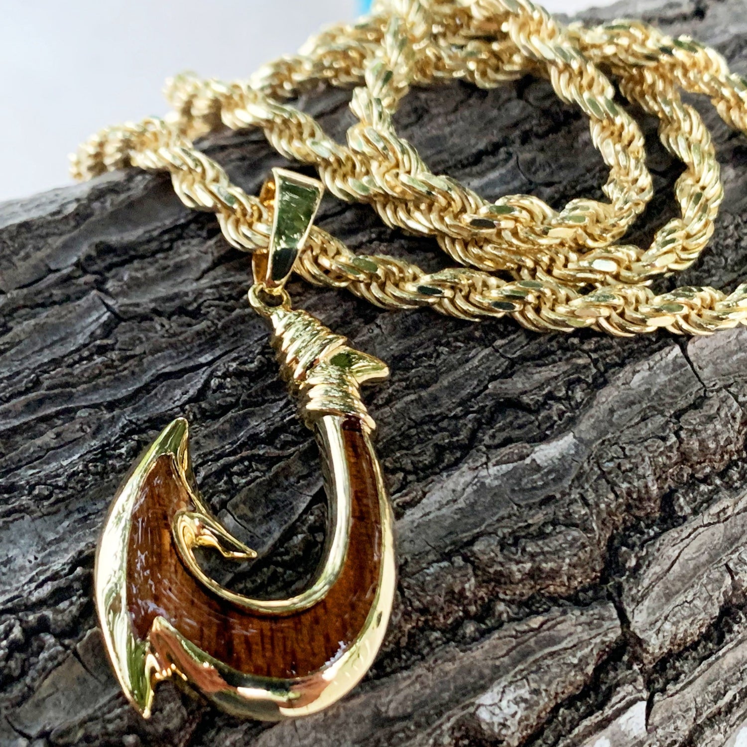 Koa Fish Hook with Diamond Cut 5mm Rope Chain 5mm / 22 inch / Gold Plated Over .925 Sterling Silver