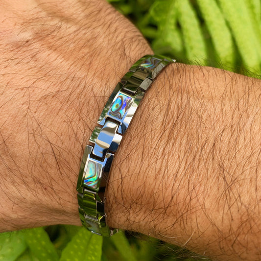Abalone "Paua" Tungsten Link Bracelet Closeup on Model