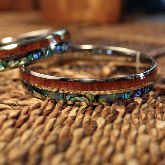 Koa Wood Abalone "Paua" Stainless Steel Bangle closeup