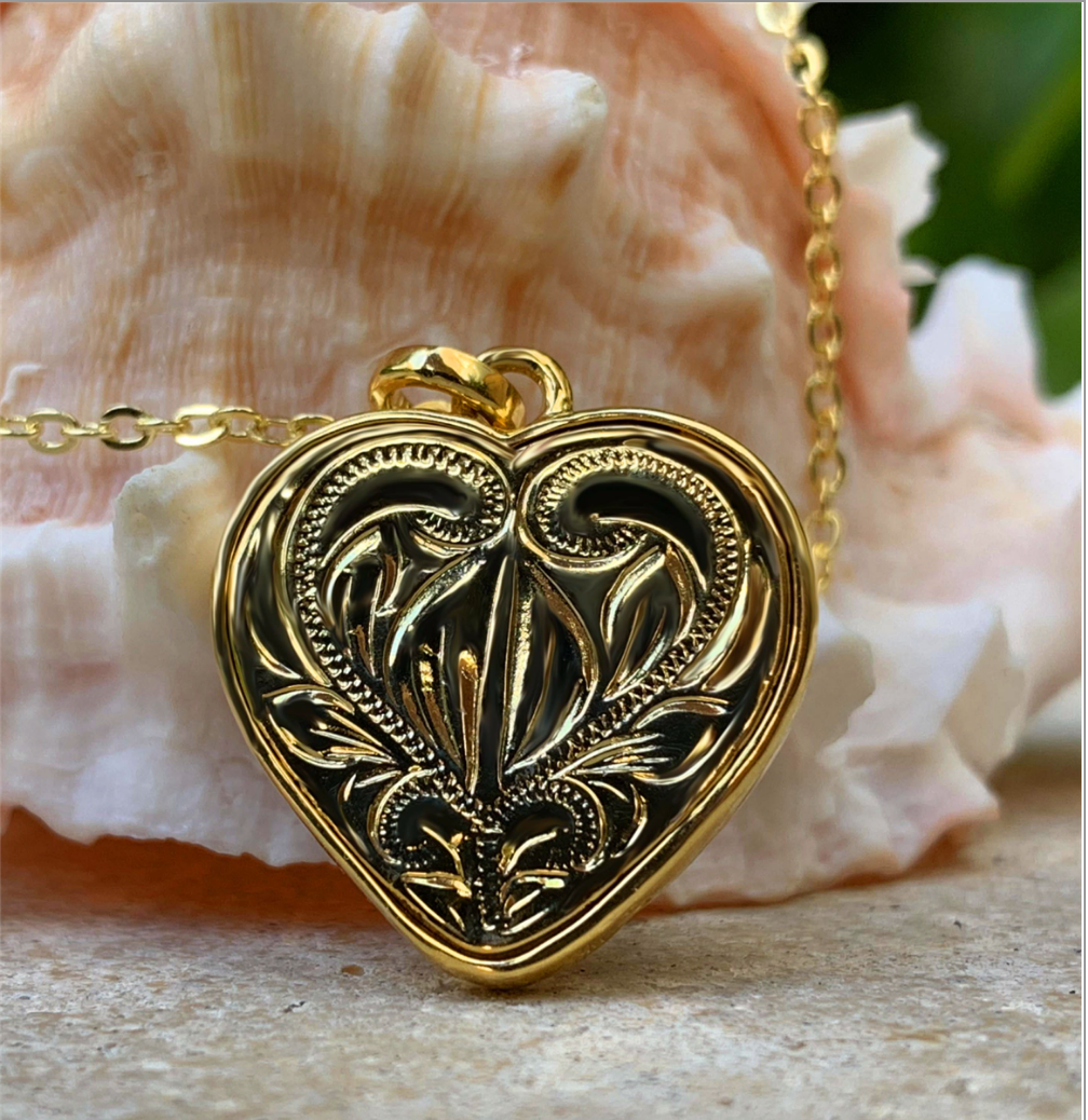 Koa Aloha Heart with 18" Adjustable Chain closeup of back scroll design in gold