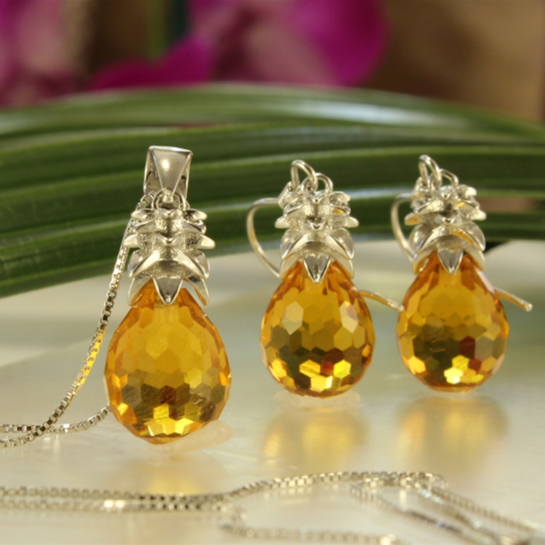 Crystal Pineapple Earrings & Pendant Set in Maui Gold