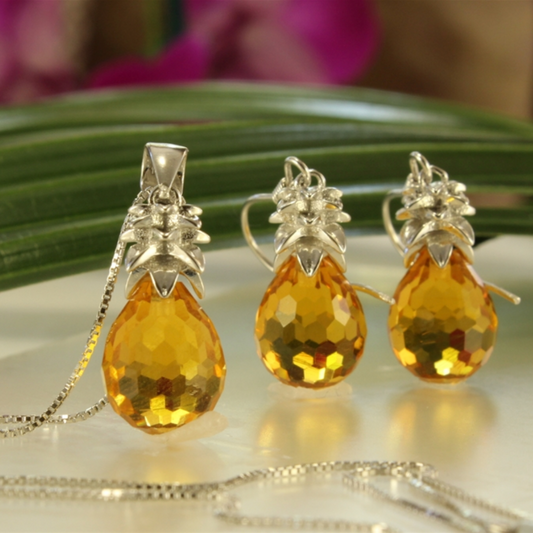 Crystal Pineapple Earrings & Pendant Set in Maui Gold