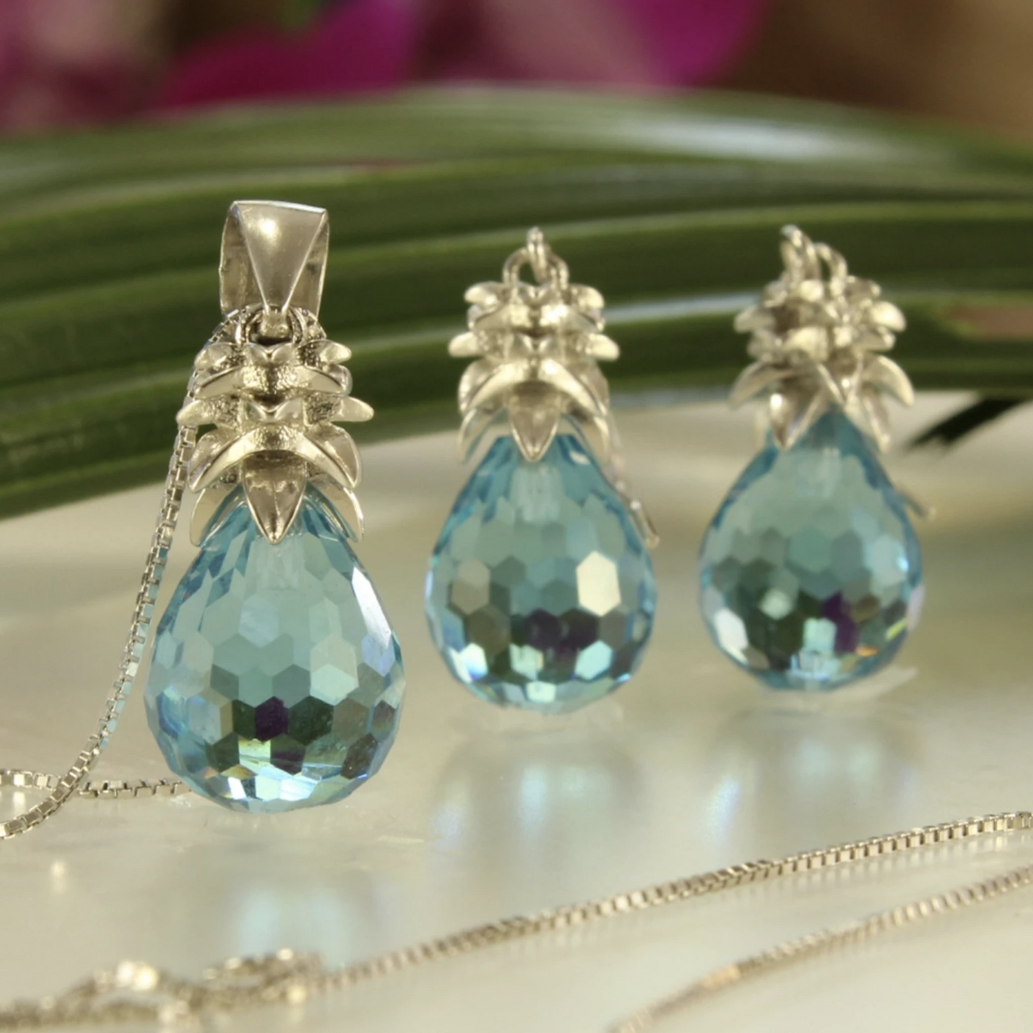 Crystal Pineapple Earrings & Pendant Set in Ocean Blue
