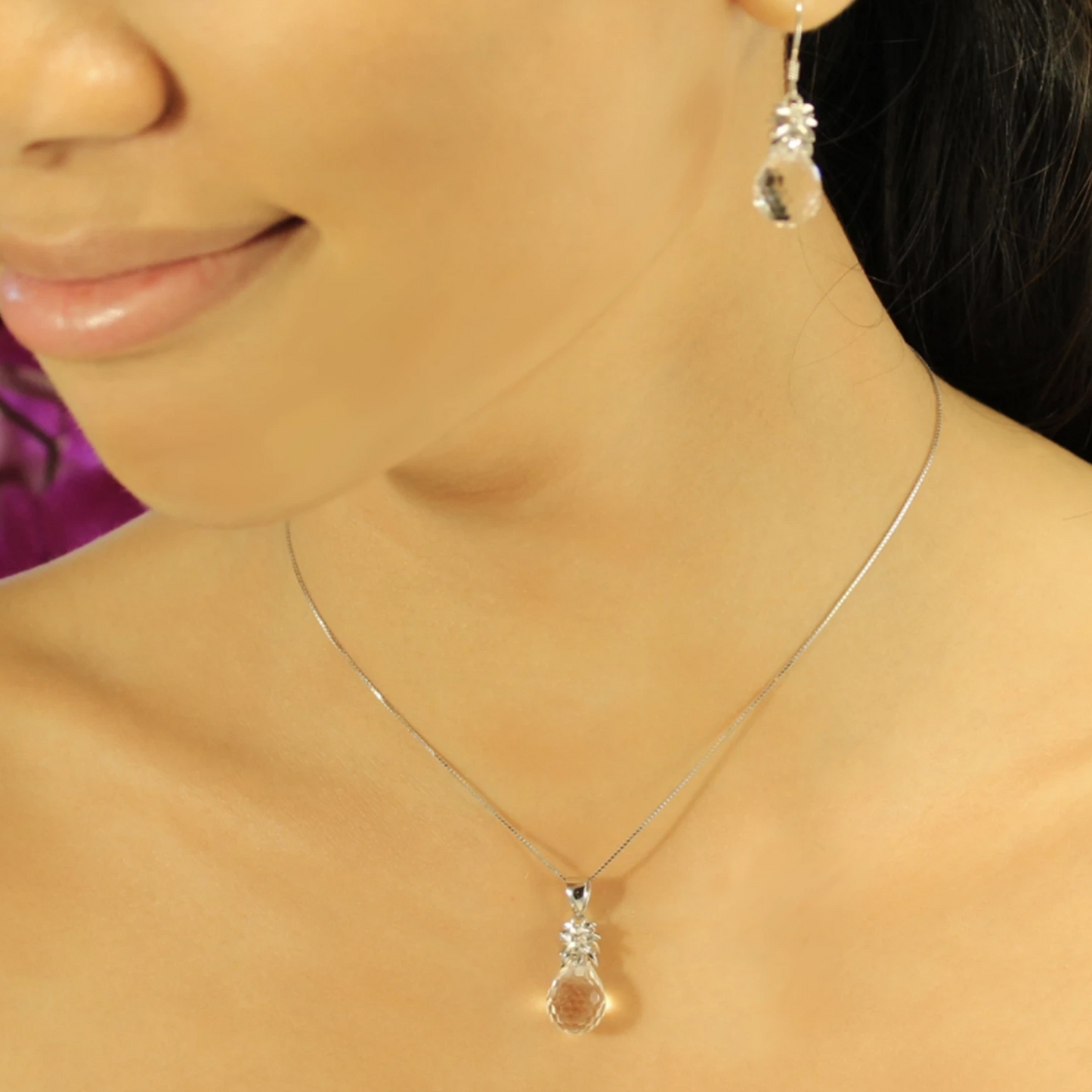 Crystal Pineapple Earrings & Pendant Set on model in Crystal Clear