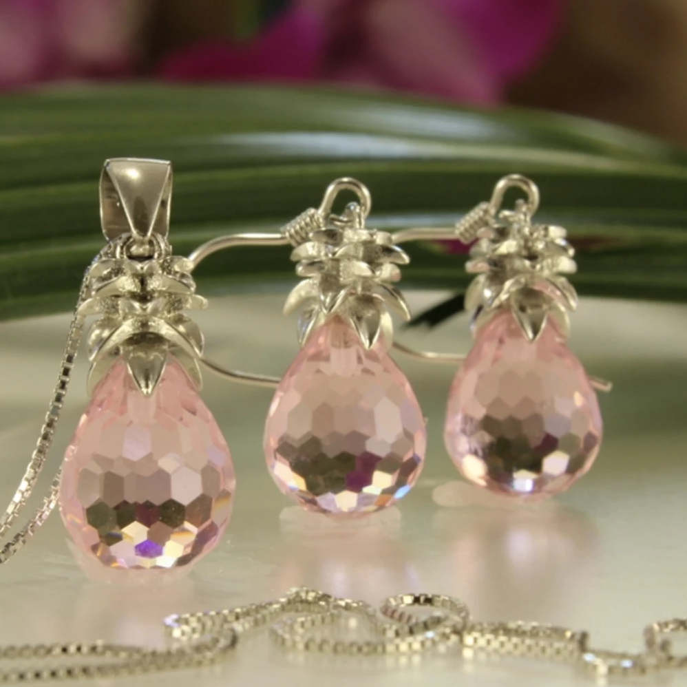 Crystal Pineapple Earrings & Pendant Set in Sunset Pink