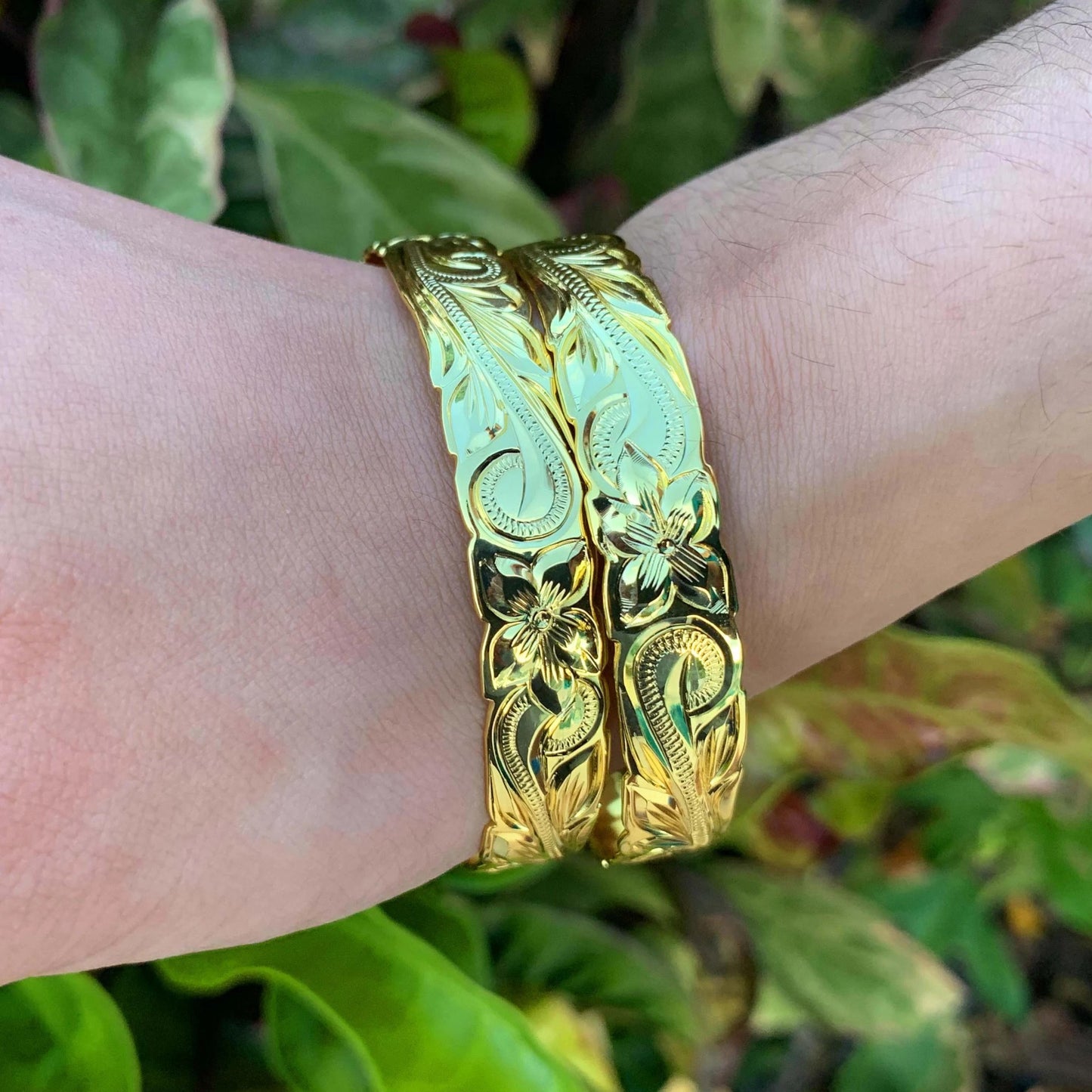 12mm Yellow Gold Plated 925 Silver Hawaiian Kuuipo Heritage Scrolls Bangle – Plumeria/Maile Engraved, Hand-Select Size