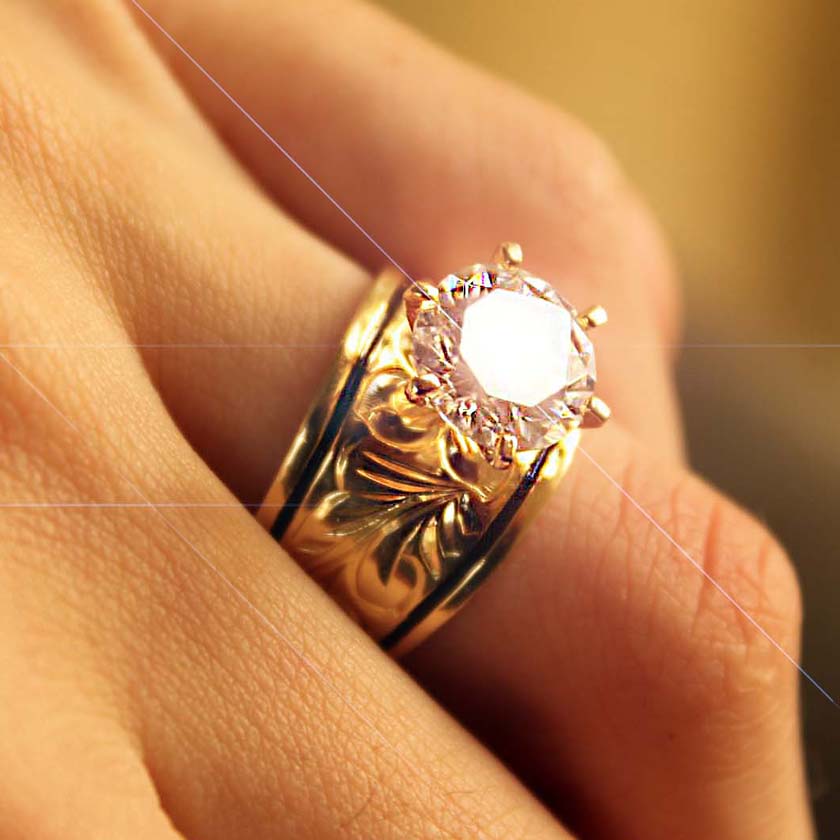 Hawaiian Scroll Sterling Gold Plated CZ Ring Closeup on model