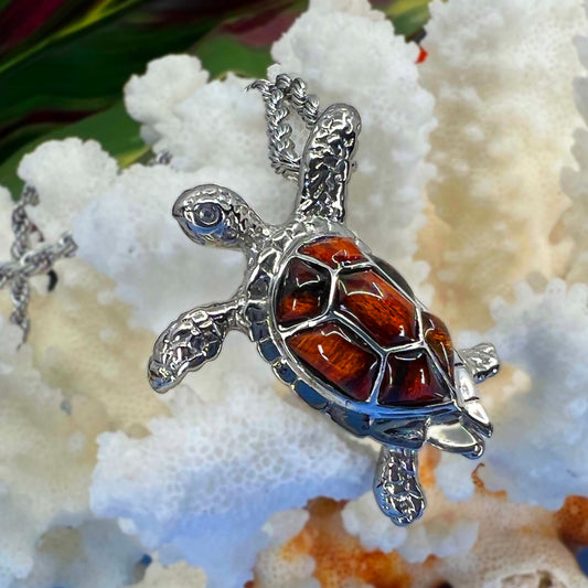 La'au Wood Honu Stainless Steel Pendant w/2mm Rope Chain