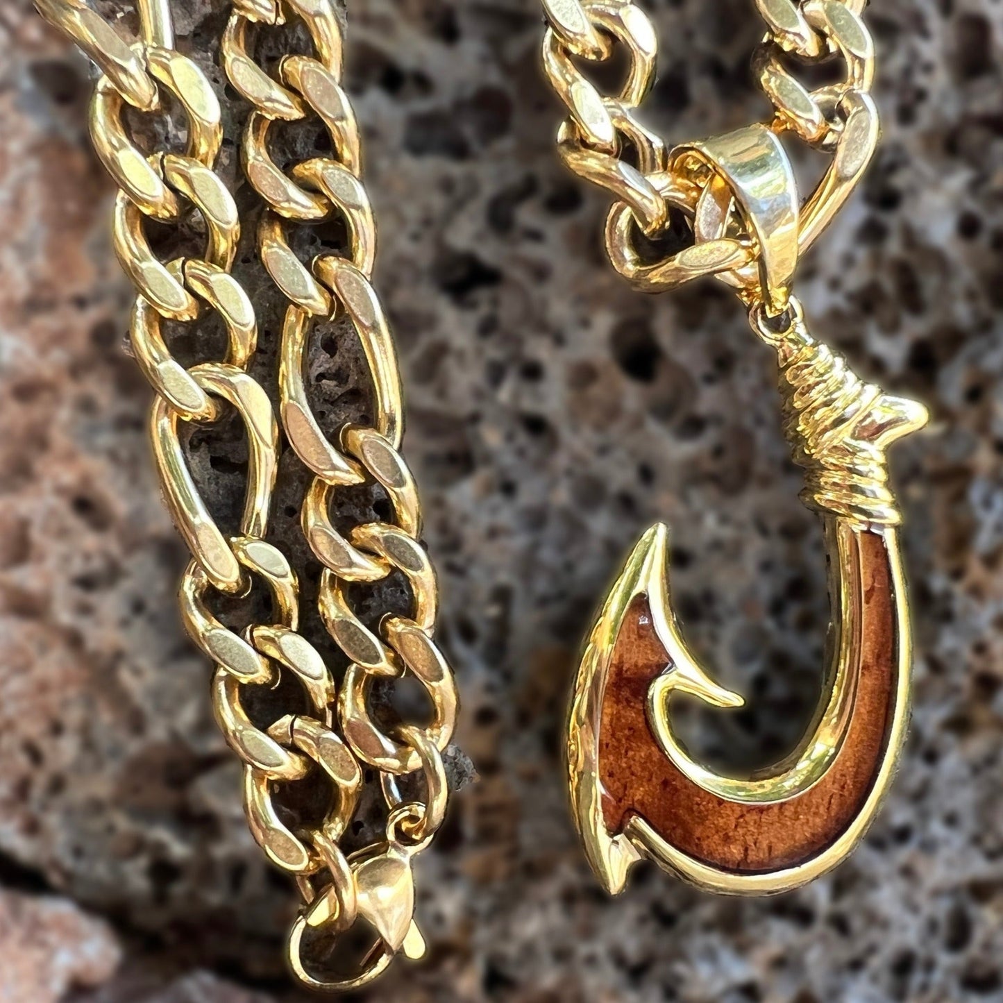 Lā'au Wood Fishhook w/6MM Link Gold Plated Stainless Steel Chain