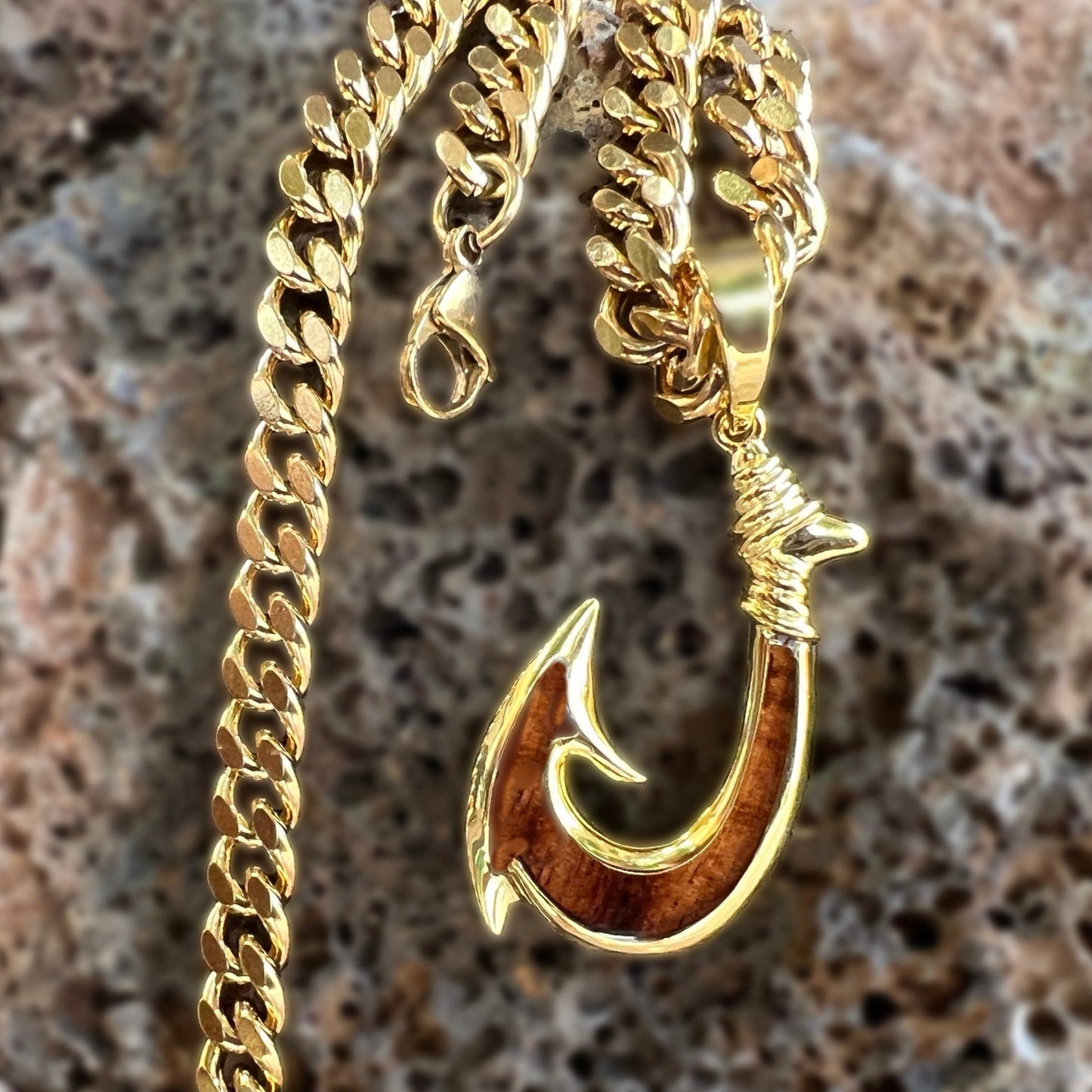 Lā'au Wood Fishhook w/6MM Curb Link Gold Plated Stainless Steel Chain