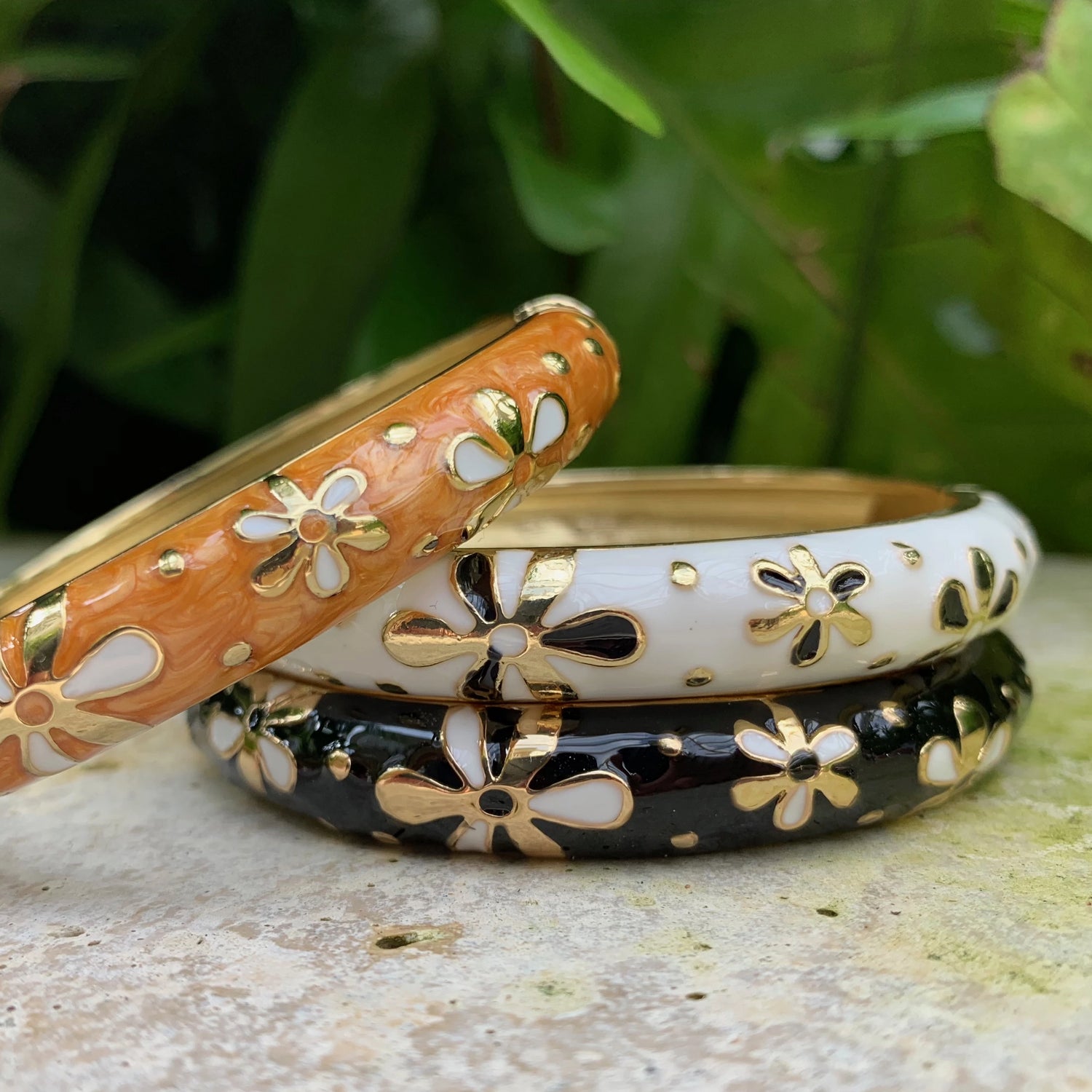 Tiare Style Hinged Bangle - Gold, White and Black