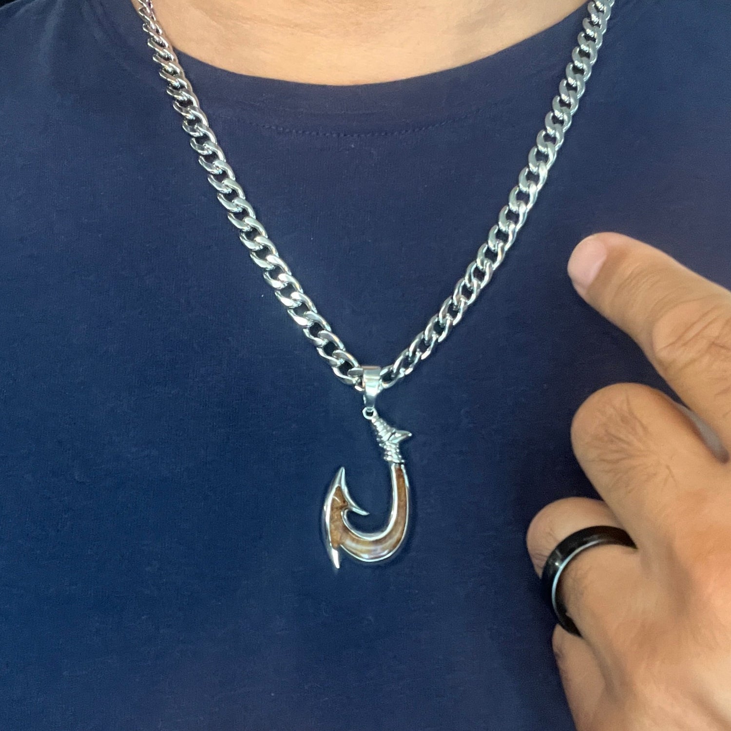 Koa Fish Hook with Diamond Cut 5mm Rope Chain