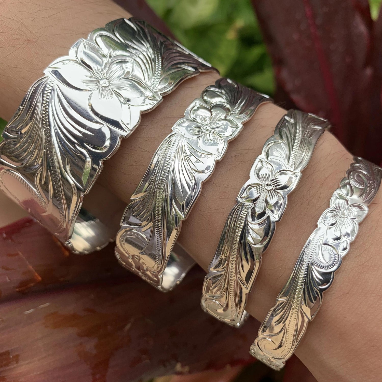 10MM to 28MM Silver Plated Scroll Bracelets on Model