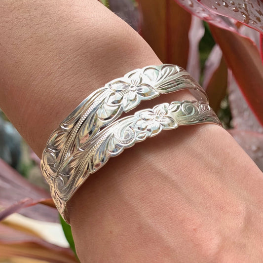 10mm and 12mm Silver Plated Scroll Bracelet Stacked on Model