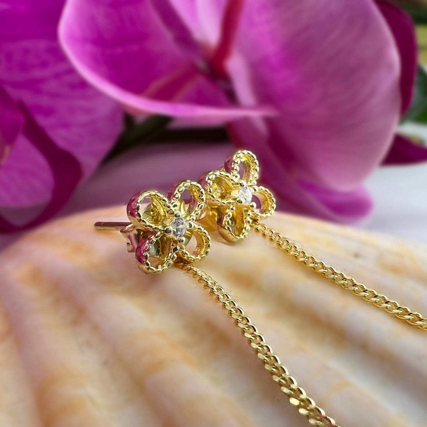 Golden Bar CZ Flower Earrings