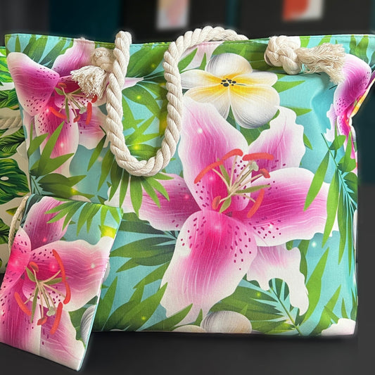 Tropical Flowers Rope Tote