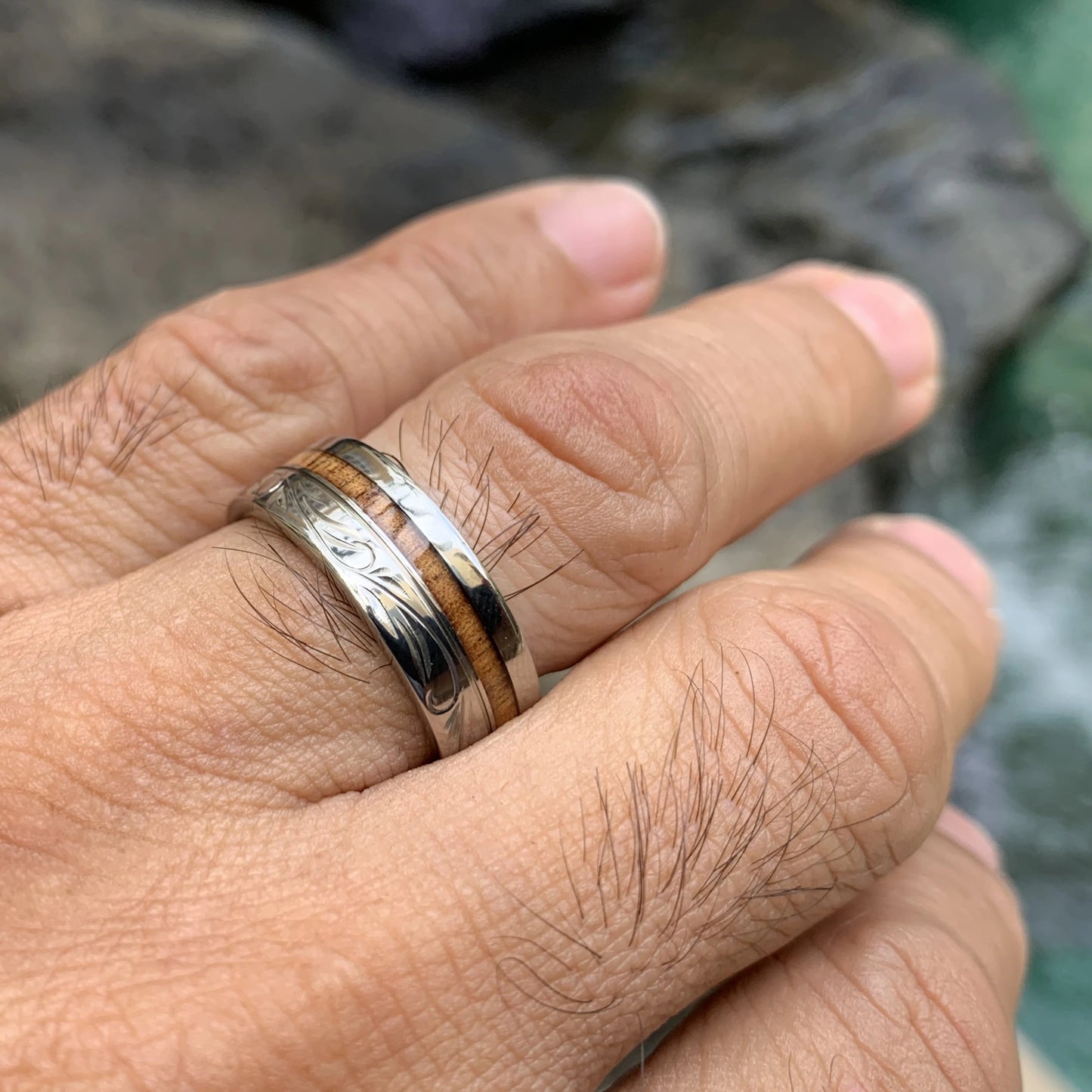 Koa Titanium Ring with Hawaiian Scroll Design
