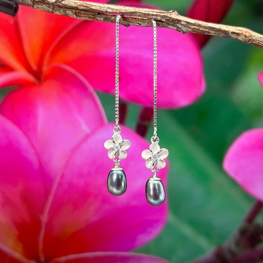 Plumeria Flower Pearl Drop Earrings