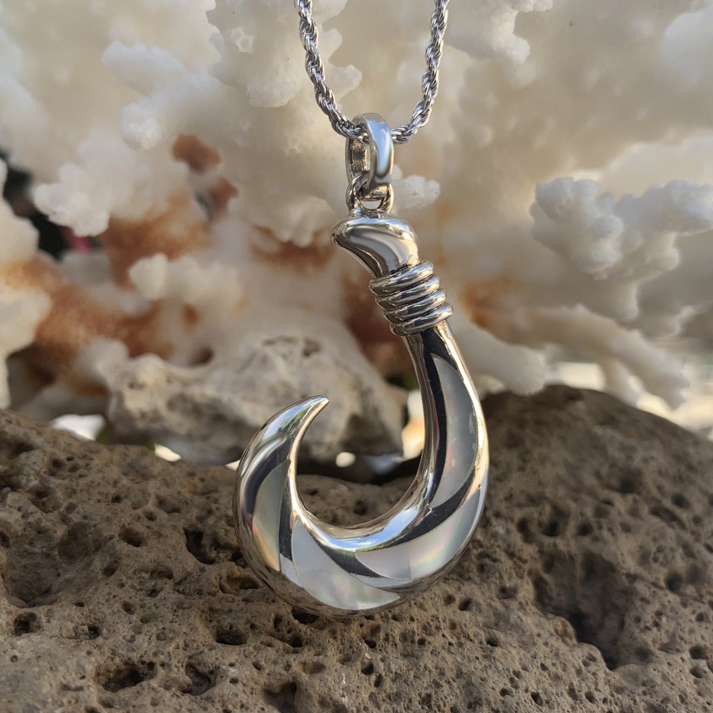 White Mother of Pearl Fish Hook Pendant