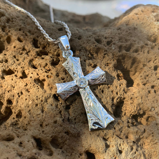 Flared CZ Hawaiian Scroll Cross