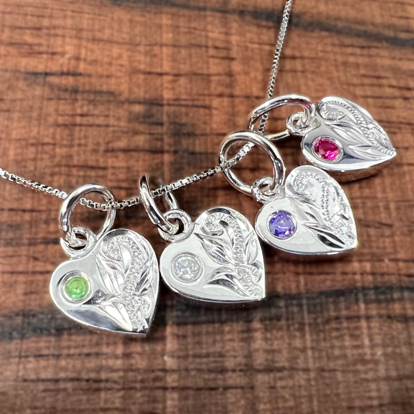 Hawaiian Scroll CZ Birthstone Hearts
