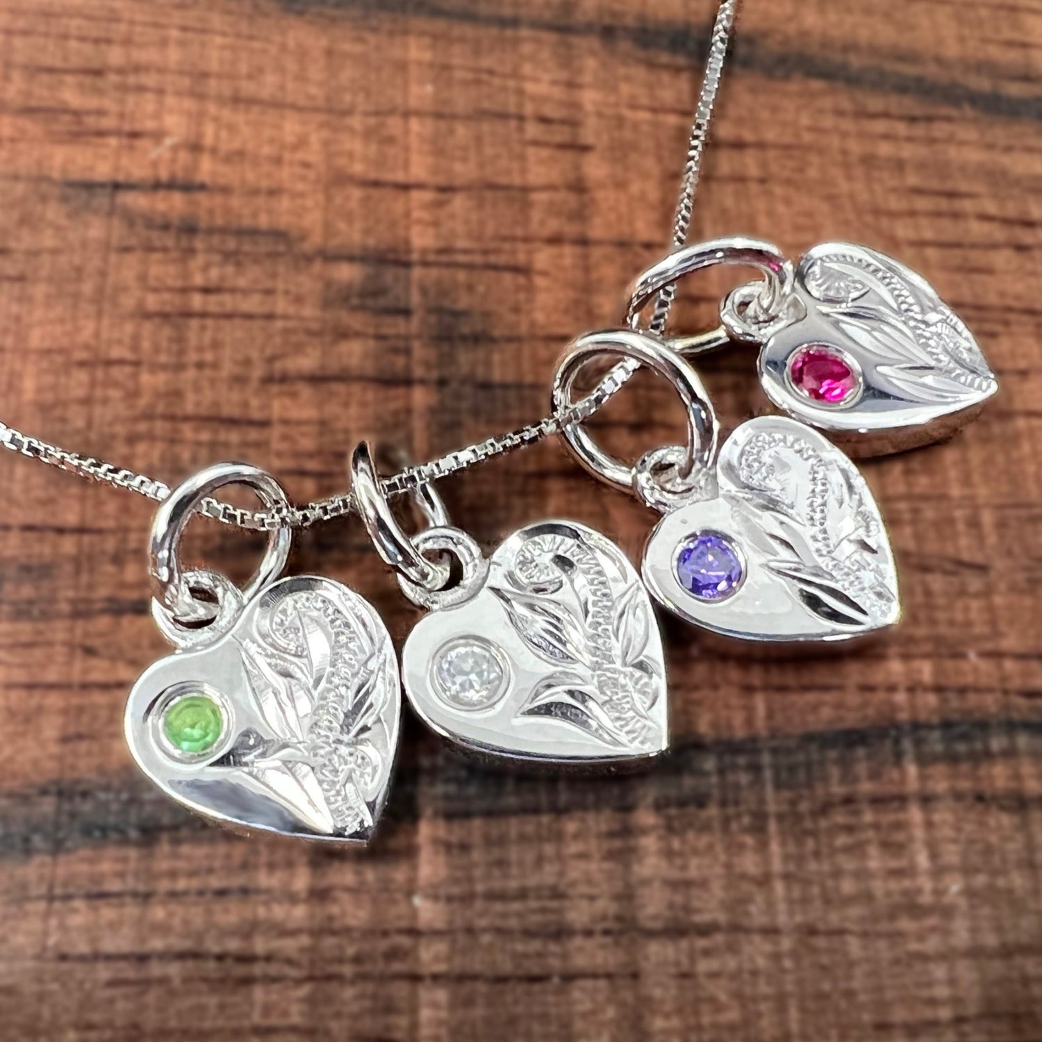 Hawaiian Scroll CZ Birthstone Hearts