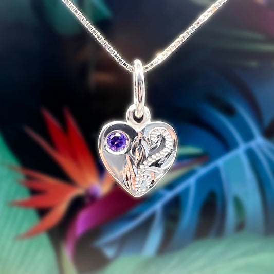 Hawaiian Scroll CZ Birthstone Hearts