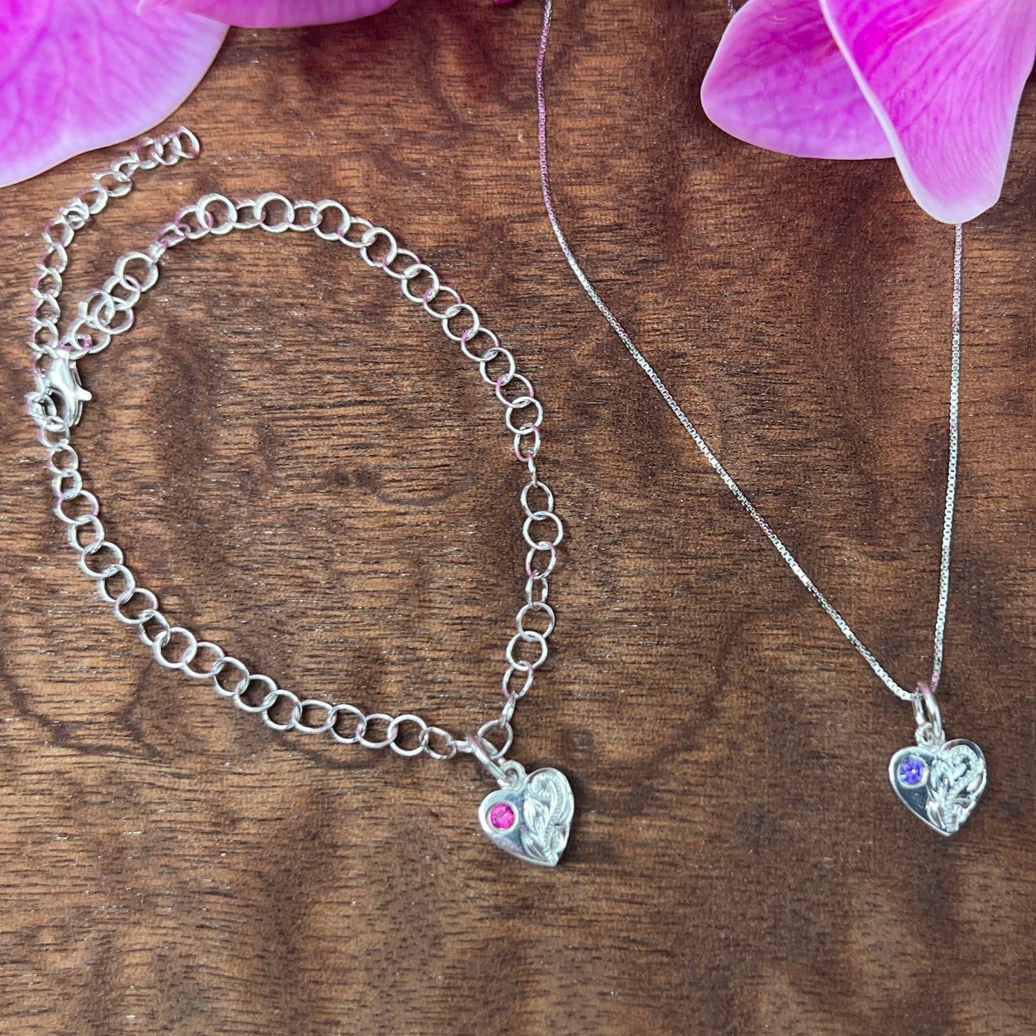 Hawaiian Scroll CZ Birthstone Hearts