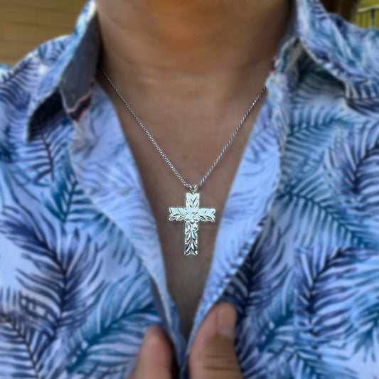 Hawaiian Scroll Maile Cutout Cross w/Chain