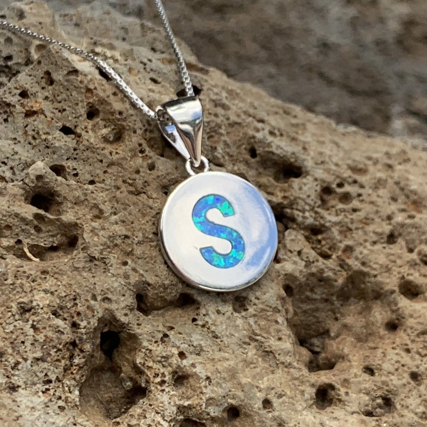 Letter "s" opalite initial charm with sterling silver.