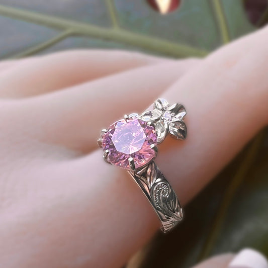 Hawaiian Scroll Dangle Plumeria CZ Ring