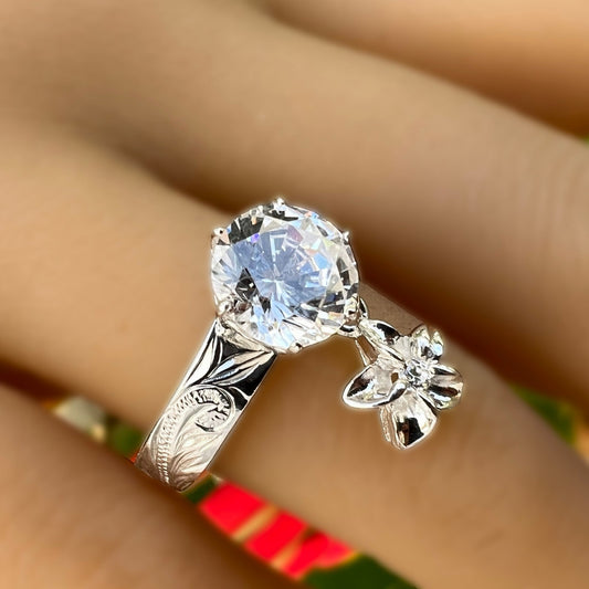 Hawaiian Scroll Dangle Plumeria CZ Ring