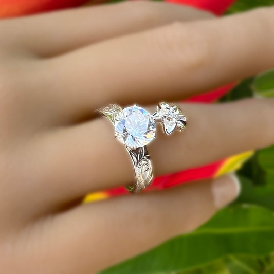 Hawaiian Scroll Dangle Plumeria CZ Ring