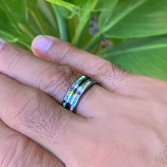 Tungsten Koa Abalone Ring