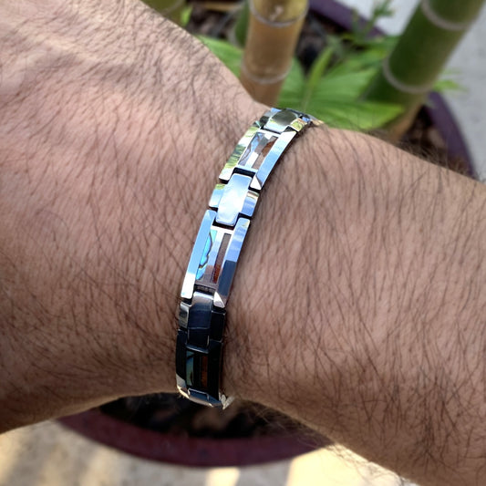 Tungsten Koa Mother of Pearl Link Bracelet