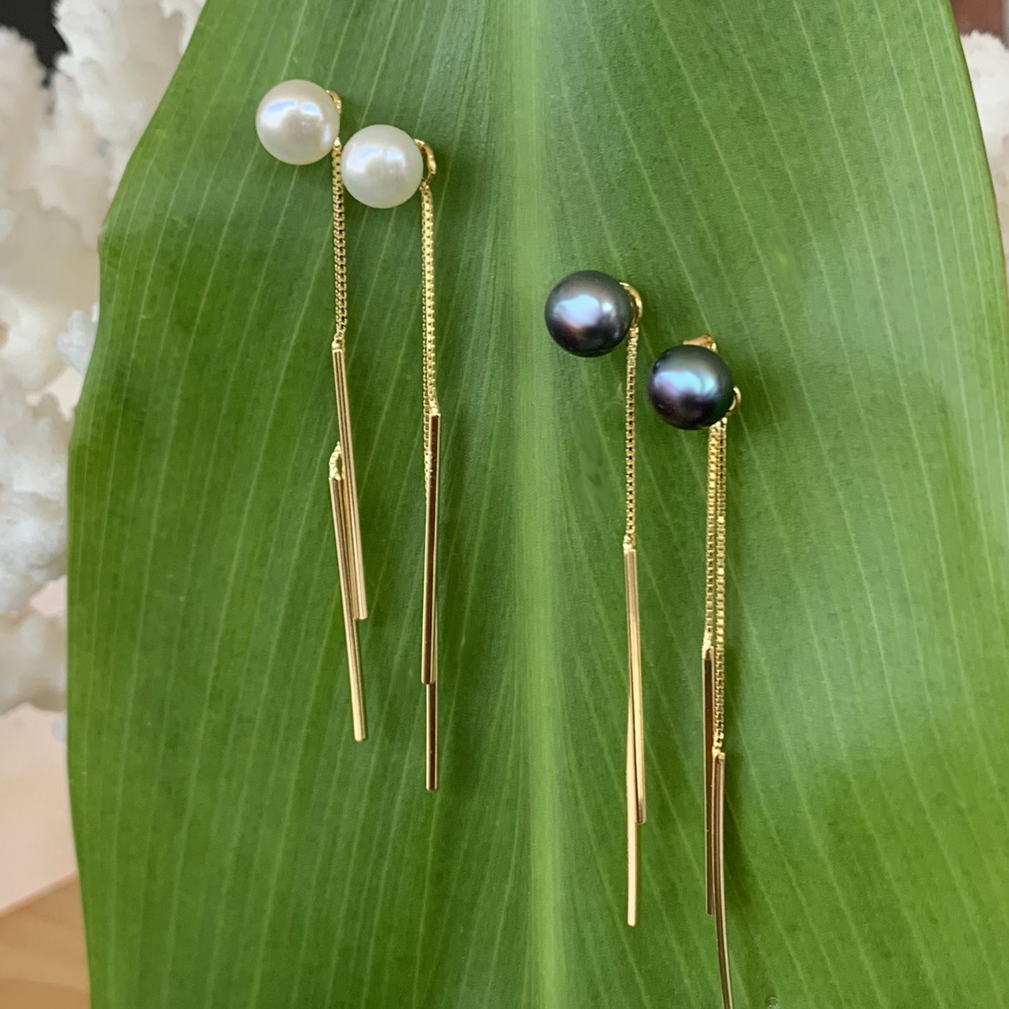 Chopstick Earrings in 14K Gold Plated over .925 Sterling Silver with Freshwater Pearl in Black and White