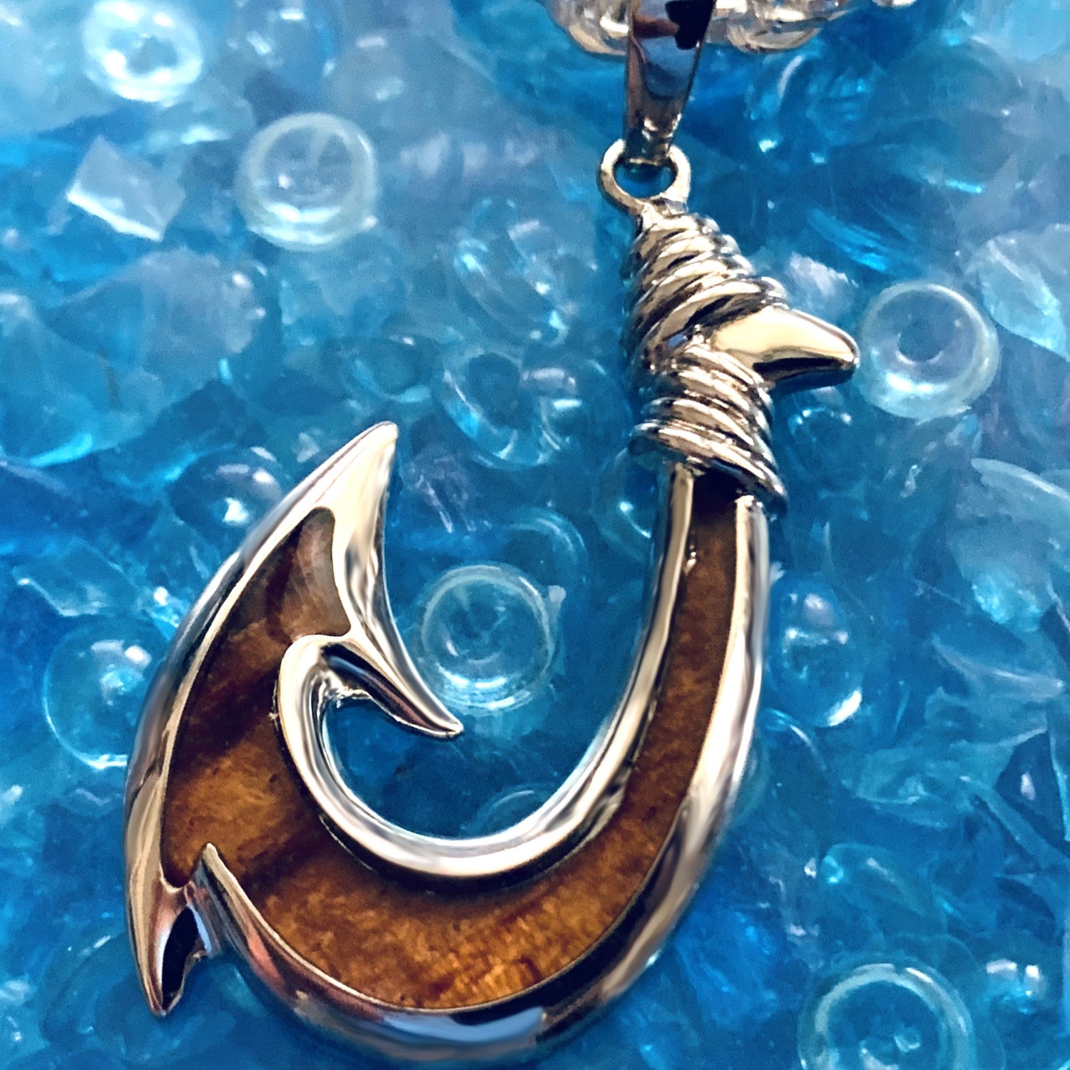 blue polynesian fish hook Koa Honu or Fish Hook with Silver Diamond Cut Rope Chain – Showcase Hawaii